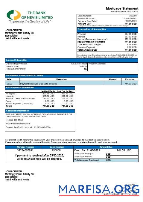 Blank Saint Kitts and Nevis The Bank of Nevis mortgage statement in Word and PDF formats real example